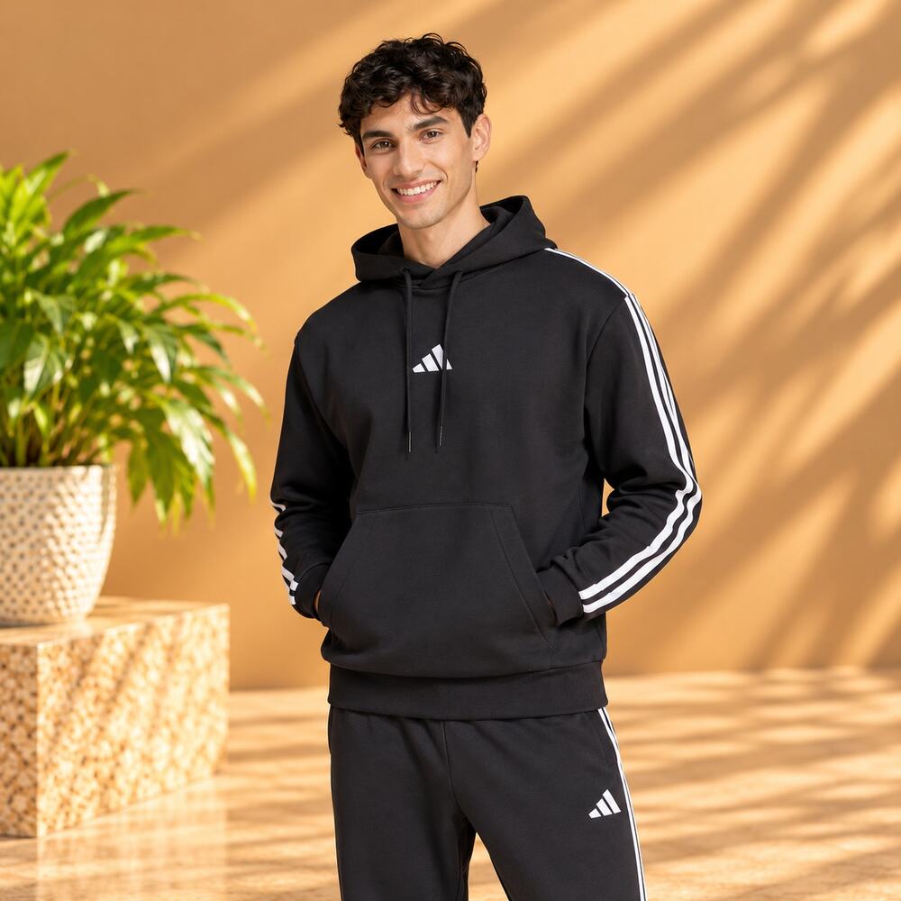 NWT adidas Men's Essentials 3-Stripes Fleece Hoodie Black White Size Small